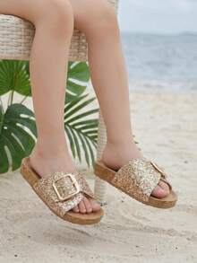 1 Pair Fashionable New Girls' Champagne Gold Glitter Single Strap Soft Sole Sandals, Adjustable Metal Buckle Slides, Summer Non-Slip Soft Sole Princess Slippers, Suitable For 3-16 Years Old Medium To Large Children Birthday Party, Beach Vacation, Beach Play, Versatile Outdoor Wear Sweet Style Casual Beach Shoes - Gold - View 4