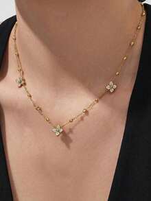 rundraw 2pcs Women's Gold-Tone Copper Pendant Necklace, Exquisite CZ Four-Leaf Clover Design, Suitable For Party, Dance, Daily Wear And Gift - Gold - View 3
