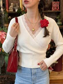 Women's French Elegant Wrap Knit Top, V-Neck Lace Trim Long Sleeve Ribbed Cropped Sweater, Suitable For Daily Coffee Autumn Outfit - White - View 4