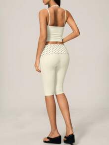 TimeOff Women's One-Set Polka Dot 2 In 1 Waistband Cuffed Shorts Gym Running Sports Set - White - View 3