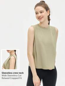 Leorrey 1 buah Atasan Tank Top Olahraga Wanita Model Pendek Leher Bulat Tanpa Lengan dengan Detail Kerut di Bagian Bawah, Longgar, Lembut, dan Nyaman - Hijau - View 1