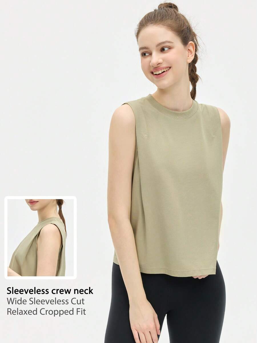 Leorrey 1 buah Atasan Tank Top Olahraga Wanita Model Pendek Leher Bulat Tanpa Lengan dengan Detail Kerut di Bagian Bawah, Longgar, Lembut, dan Nyaman - Hijau - View 1