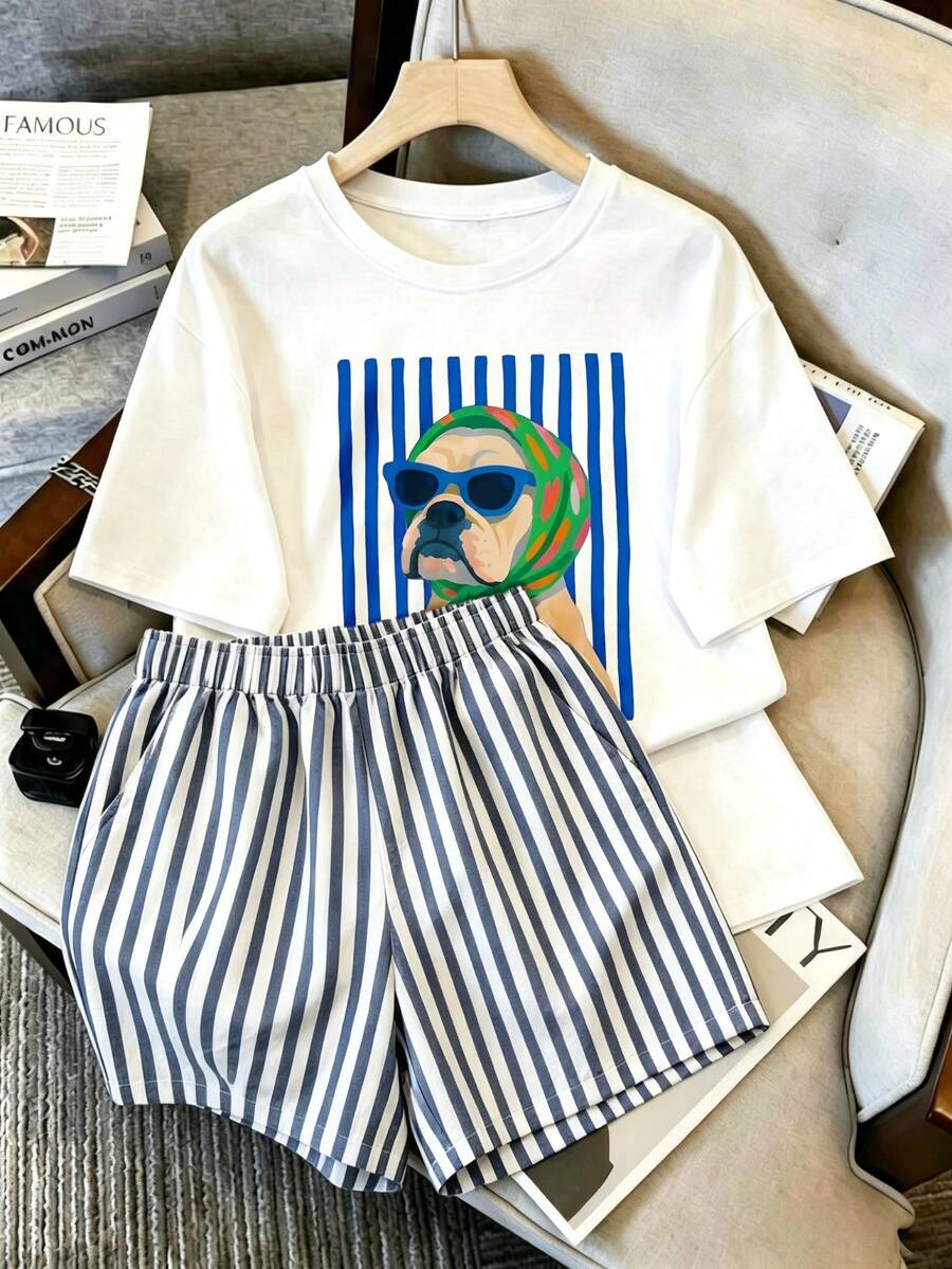 Women Two-Piece Outfits - White T-shirt + Blue Shorts - View 1