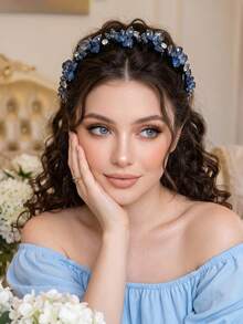 1pc Artificial Crystal Headband Bridal Wedding Hair Accessory Women Simple Versatile Headpiece Handmade Jewelry - Blue - View 6