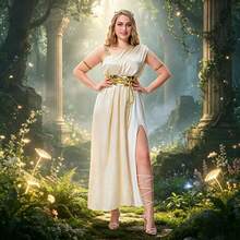 Halloween Elegant Goddess Cosplay Costume, One-Shoulder White Dress With Gold Belt And High Slit Design, Perfect For Theme Parties And Halloween - Champagne - View 5