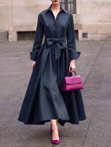 Women's Autumn Vintage Style Elegant Dress, Single-Breasted Design, Graceful And Flowy, Suitable For Outings, Business, Basic, Back To School - Royal Blue - View 3