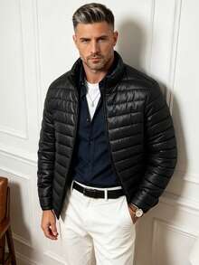 Men's Winter Solid Color Casual Minimalist Style Warm Padded Coat - Black - View 3