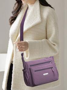 Casual Nylon Shoulder Bag With Adjustable Strap, Multi-Compartment Crossbody Bag, Solid Color, Zipper Closure, Polyester Lining, Lightweight For Daily Use - Purple - View 4