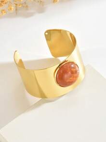 1 pieza Brazalete ancho ajustable de resina con efecto tie-dye, microincrustaciones de gemas falsas, acabado metálico brillante, estilo exagerado y personalizado, para mujer, uso diario, vacaciones y fiesta - Rosa - Ver 5
