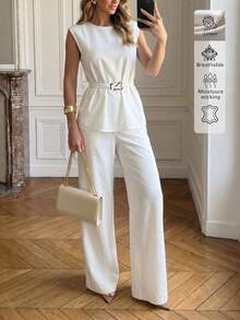 Ensemble 2 pièces en lin décontracté élégant minimaliste pour le quotidien et les trajets, avec ceinture, top sans manches minimaliste, style Old Money, tenue de travail pour femmes, blanc, été - Blanc - Voir 3
