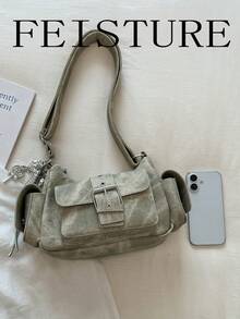 FEISTURE 1件 PU布料多口袋單肩斜挎包，小方包附肩帶，拉鍊開合，附吊飾，適合女孩、女性、大學生、職場新人與白領上班族，適用於工作、商務、通勤、上學 - 灰色 - 查看 3