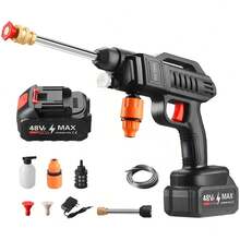 Pistola de limpieza profunda de alta presión. hidrolavadora para autos,Pistola de lavado de coches, hidrolimpiadora eléctrica inalámbrica con boquilla, batería de 48 V, cargador, depósito de detergente, manguera de 5 m, adecuada para lavar coches, jardines, patios, puertas y ventanas, color negro. - Tipo de Enchufe A USA (110-127V) - Ver 9