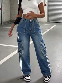 Women's Straight Leg Long Denim Jeans With Unique Side Stripe Design, Featuring Pockets, Buttons And Zipper, Casual Wear - Dark Wash - View 2