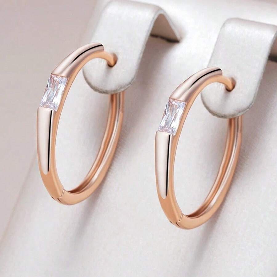 Vintage Copper Earrings & Ring, Synthetic Cubic Zirconia Accessories, Shiny Square, Bridal Vintage Wedding Jewelry - Rose Gold - View 1
