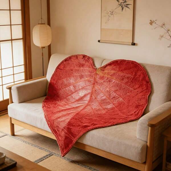 1PC Asymmetrical Red Maple Leaf Vein Shaped Flannel Blanket, 3D Leaf Texture Edged Creative Leaf Throw, Japanese Wooden Style Soft Decor Sofa Nap Air Conditioning Blanket