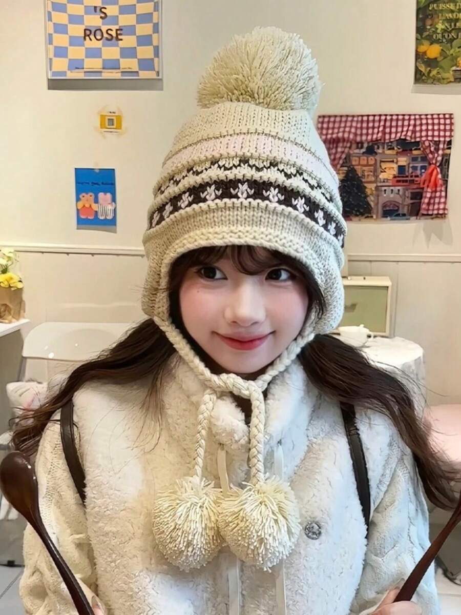 1pc New Fair Isle Thick Wool Knit Hat, Fashionable Knitted Beanie, Warm And Cold-Proof, With Fleece Lining And Pom Pom - Multicolor - View 1