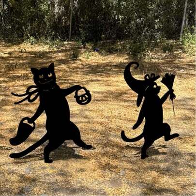 1pc Playful Halloween Black Cat Silhouette Metal Garden Stake, Cute And Decorative, Suitable For Yard, Lawn And Outdoor Holiday Decoration, Halloween Cat Garden Decor Sign