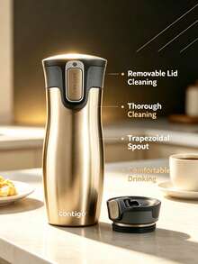 Auto Seal Leakproof Vacuum Insulated Coffee Travel Mug, Stainless Steel Portable Thermal Tumbler, Easy Clean Lid Water Cup For Driving Office Daily Commute - Gold - View 4