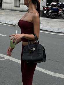 Setelan Atasan Crop Tanpa Tali dan Celana Lebar Elegan untuk Wanita, Pakaian Dua Potong dengan Bahan Elastis Sedang untuk Musim Gugur - Burgundy - View 3
