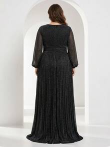 YISIKADO Plus Size Women's Deep V-Neck Lantern Sleeve Slit Sexy Party Evening Gown - Black - View 2