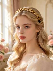 1pc Imported Korean Vintage Metal Chain Thin Edge Hair Band Headband, Versatile Hair Accessories With Chain & Printed Pattern - Gold - View 3