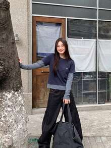 YCYC 韓式風格 2合1 條紋拼接修身百搭休閒長袖短版上衣女款 - 藏蓝色 - 查看 9
