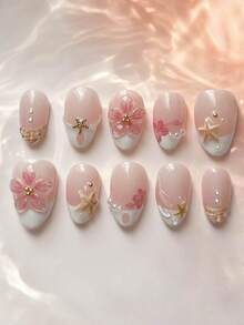 10 Peças Unhas Postiças Curtas em Formato de Amêndoa, Ponta Francesa Nude Rosa e Branca com Flor Rosa 3D, Estrela-do-Mar, Estrela e Decoração de Pérola, Conjunto Requintado de Unhas Acrílicas Falsas Brilhantes para Mulheres e Meninas, Uso Diário, Trabalho, Férias na Praia e Festa Casual - Multicolorido - Visão 2