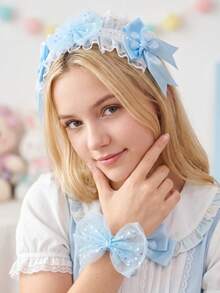 2pcs Girls Blue Lace Trim Headband + Sequin Mesh Bow Wrist Flower Set, Soft Sweet Style Teenager Hair Accessories, Birthday Party, Daily Wear, Cute Decorative Hair Accessories - 2PCS - View 6