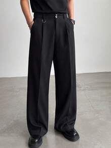 Men's Spring/Autumn Drape Wide Leg Dress Pants, Double Button High Waist Loose Straight Leg Black Casual Suit Trousers - Black - View 2