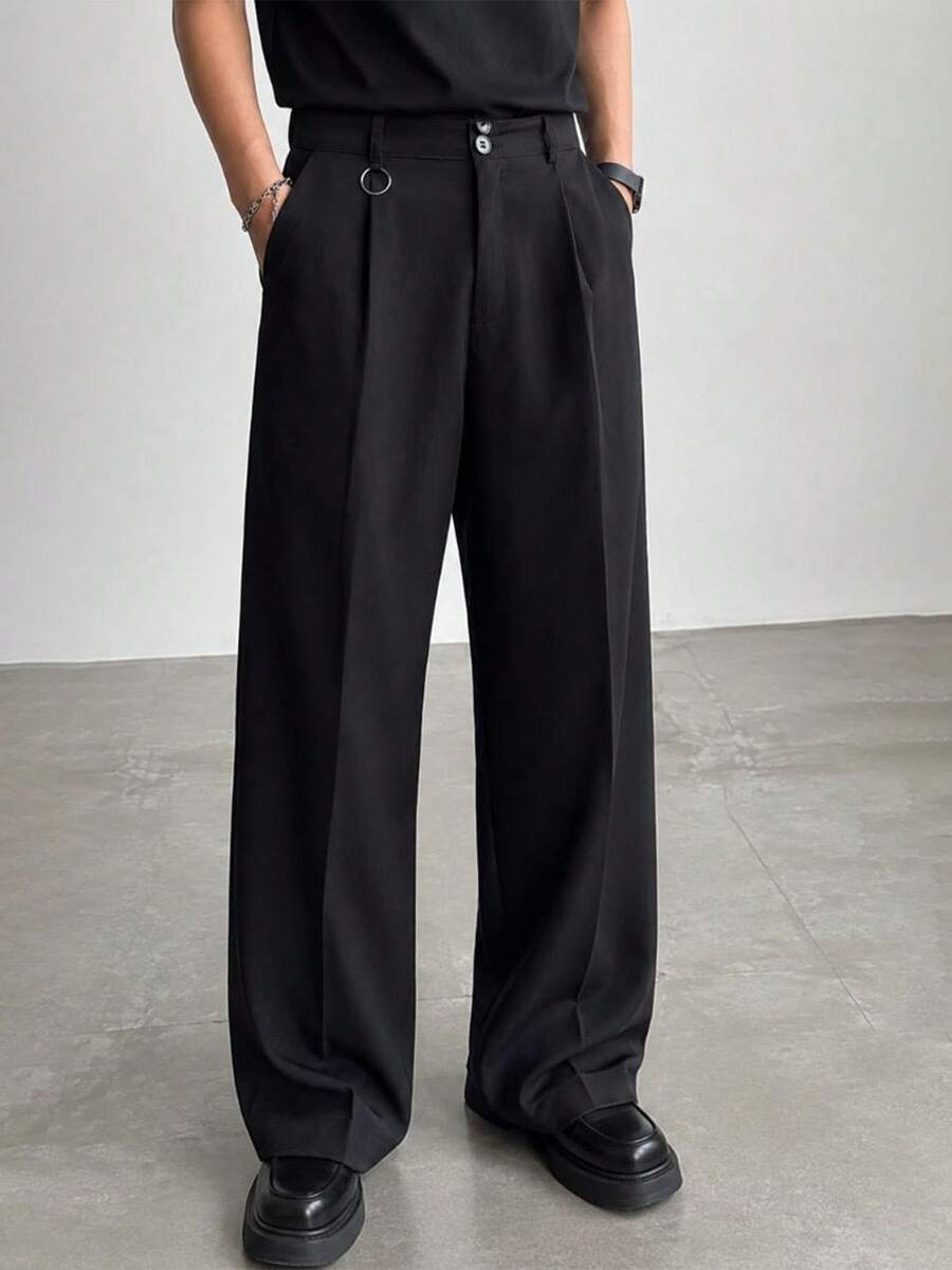 Men's Spring/Autumn Drape Wide Leg Dress Pants, Double Button High Waist Loose Straight Leg Black Casual Suit Trousers - Black - View 1