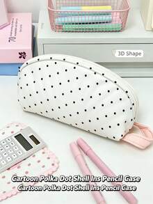1/2pcs Cute Large Capacity Polka Dot Shell Pattern Student Pencil Case - Cream White, Suitable For Classroom, Travel, Multi-Compartment Organizer Bag, Polka Dot Pattern, For Stationery.Back To School. - Multicolor - View 5