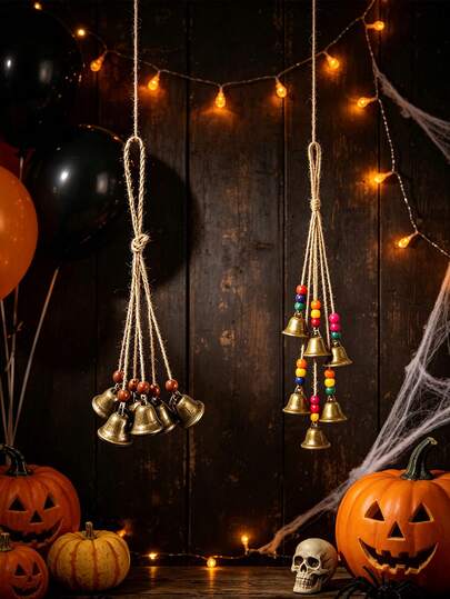 1 sett Halloween hengende bjelledekor – håndlaget Halloween hengende bjelleornament, egnet for hage, terrasse eller gårdsplass, kombinerer rustikk stil med høytidsdekor til hjemmet. Perfekt for oppheng på ytterdør, veranda eller vegg.