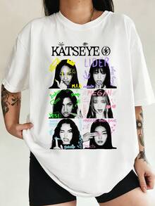 KATSEYE Six-Panel Grid BW Member Portrait Color Doodle Handwriting Sticker Style Retro K-Pop Girl Group Graphic Tee Fan Gift - 白色 - 查看 1