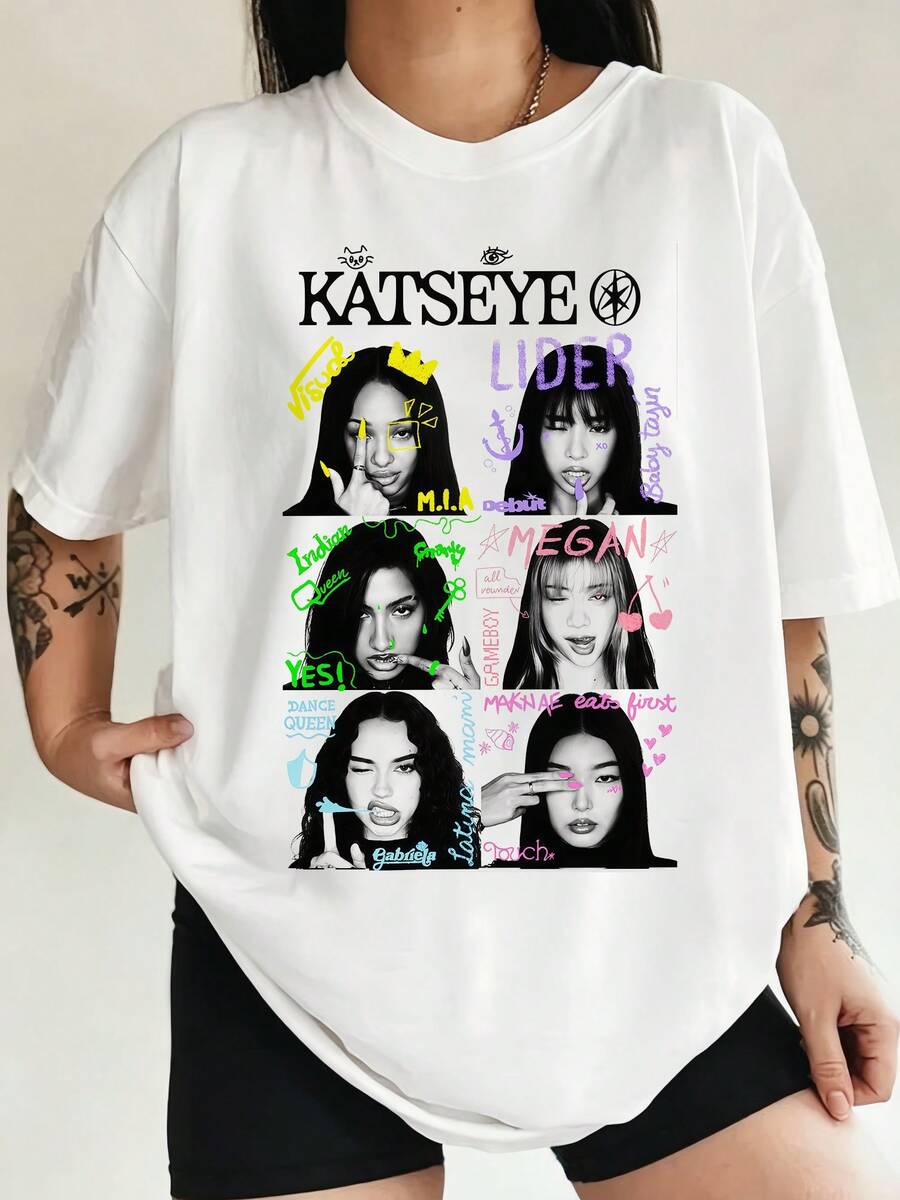 KATSEYE Six-Panel Grid BW Member Portrait Color Doodle Handwriting Sticker Style Retro K-Pop Girl Group Graphic Tee Fan Gift - 白色 - 查看 1