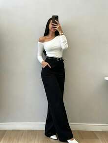 Celana Panjang Wanita Model Lurus Warna Hitam Bahan Polyester dengan Saku dan Detail Kancing Resleting, Cocok untuk Musim Gugur - Hitam - View 3