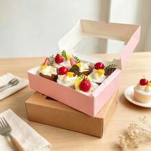 5Pcs Thick Sturdy Cardboard Gift Boxes With Dual Clear Windows, Foldable Paper Packaging Boxes For Party Favors Wedding Birthday DIY Crafts & Gift Wrapping, Brown Kraft / Pink / White Available - View 5