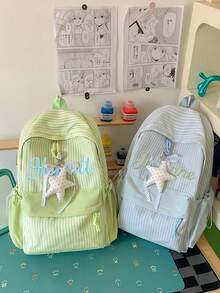 (Embroidered Custom) Striped Backpack Large Capacity Lightweight Casual School Bag Student Bookbag INS Style Striped - Multicolor - View 2