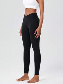 Women's High-Waisted Side Pocket Crossover Waist Leggings, Solid Color Elastic Compression Tight Pants For Spring, Summer, Autumn, Home Leisure Sports - Black - View 5