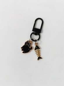 1pcCute Cat Fish Bone Keychain Black White Couple Bag Charm Cartoon Pendant Gift For Girls - Multicolor - View 6