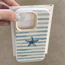 1pc TPU Material Blue Starfish Pattern Phone Case Compatible With IPhone 17 Pro Max/17/16 Pro Max/15/13/12/11/ S20 FE/A15/S24/A55/ Note 11/Note 12/Note 13 Pro Full Coverage Anti-Drop Soft Shell Phone Protective Cover - White - View 3