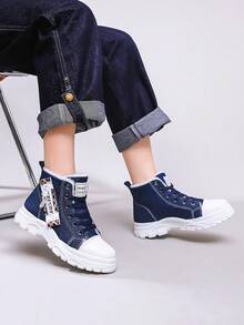 Flipark 1 Pair Leopard Print Lace-Up Thick Sole High-Top Boots For Women, Warm Lining, Sizes 36-43, Suggest Ordering One Size Up, Street Style Boots For Winter - Blue - View 4