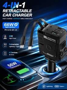 Fast Charging Retractable Car Charger, 66W 4-In-1 Car Phone Charger, Dual Retractable Cables, USB & Type-C Charging Adapter, Compatible With IPhone And Android, Essential Car Accessory, Gift For Men And Women - A - View 2