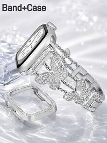 2-In-1 Silver Women's Shiny Rhinestone Butterfly Design Watch Band And Case, Compatible With Apple Watch 38mm 40mm 41mm 42mm 44mm 45mm, 1pc Luxury Adjustable Bracelet Smart Watch Band + 1pc Scratch-Resistant Protective Case, Compatible With Apple Watch 9 8 7 SE 6 5 4 3 2 1, Elegant Smart Watch Accessories, Smart Watch Replacement Band, Exquisite Watch Band And Case Set, Ideal Gift For Women, Suitable For Parties - Silver - View 1
