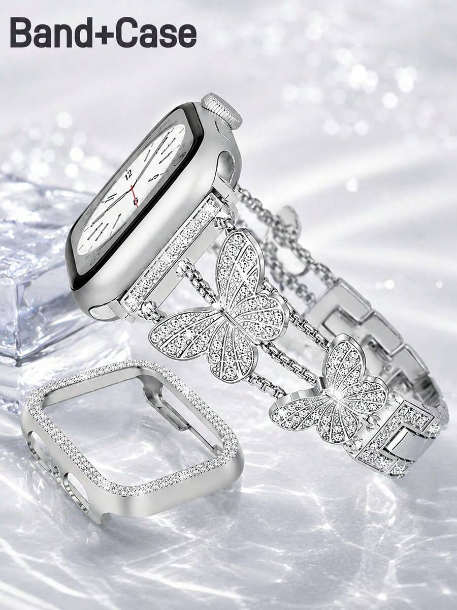 2-In-1 Silver Women's Shiny Rhinestone Butterfly Design Watch Band And Case, Compatible With Apple Watch 38mm 40mm 41mm 42mm 44mm 45mm, 1pc Luxury Adjustable Bracelet Smart Watch Band + 1pc Scratch-Resistant Protective Case, Compatible With Apple Watch 9 8 7 SE 6 5 4 3 2 1, Elegant Smart Watch Accessories, Smart Watch Replacement Band, Exquisite Watch Band And Case Set, Ideal Gift For Women, Suitable For Parties - Silver - View 1