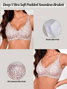 Women's Wireless Leopard Print Push-Up Bra, Seamless Bra With Removable Pads, Comfortable Lift, Basic Lingerie - Multicolor - View 4