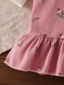 Baby Girl 3-Piece Set For Spring/Autumn: White Ruffle Sleeve Bodysuit + Pink Floral Ruffle Hem Suspender Dress, Comes With Matching Hair Accessory - Pink - View 8