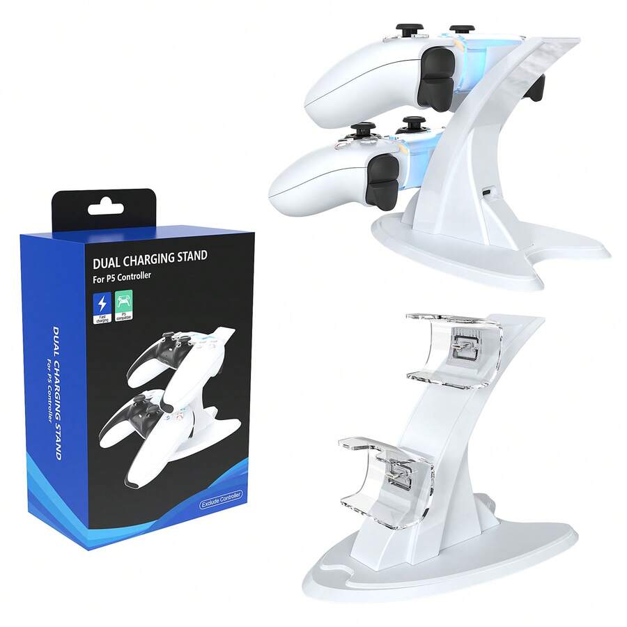P5 Dual Charging Station For Controllers, 2-In-1 Charge & Storage, 2.5H Fast Charge, Blue LED Light, Stable Base, Type-C, ABS, Black, Ideal For Gamers & Families – Christmas/Birthday Gift - White - View 1