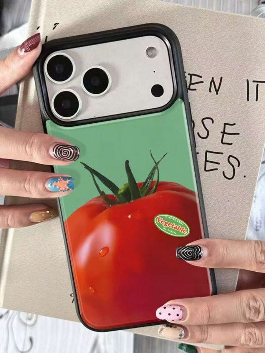 1 pieza Funda de teléfono con etiqueta de tomate de fruta estilo fresco compatible con Apple 17 Pro Max, 16 Pro, 13 - Verde - Ver 1