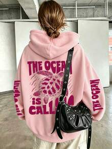 海龜印花大碼女款休閒秋冬長袖口袋衛衣 粉色 - 粉色 - 查看 1