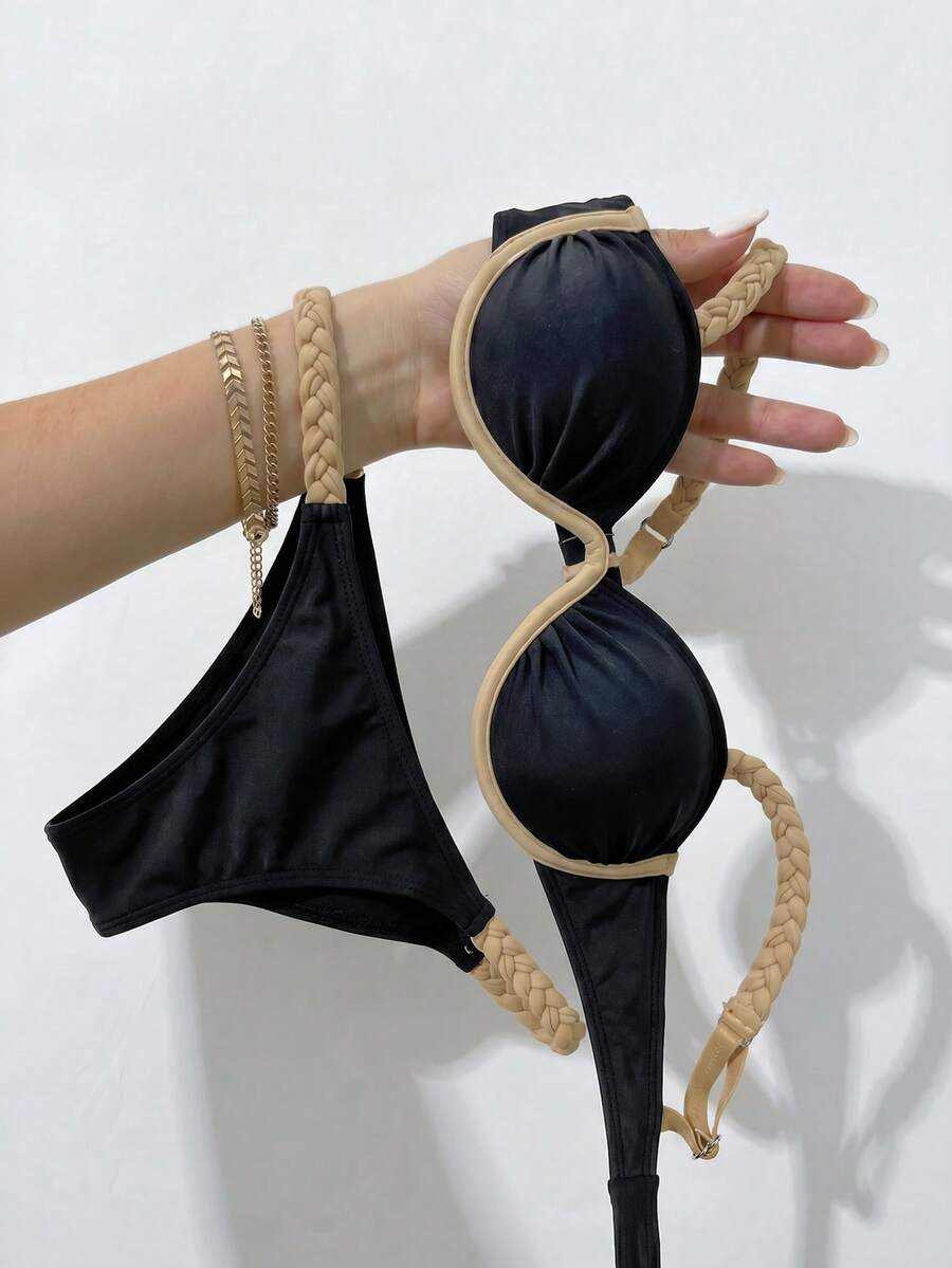 Bikinx 女款時尚編織肩帶比基尼套裝，鋼圈式一件式上衣配對比色後綁帶泳衣